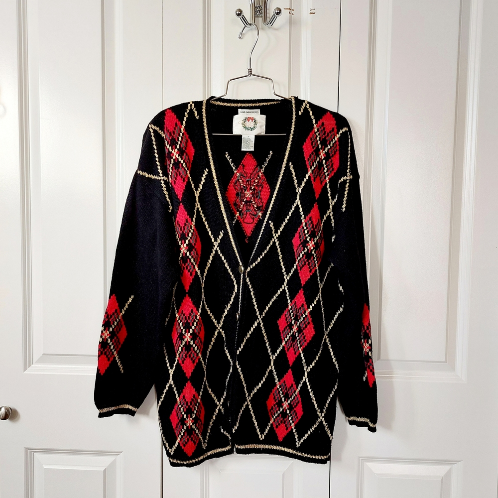 Argyle Christmas Cardigan‎ Sweater Medium Hand Embroidered Christopher & Banks